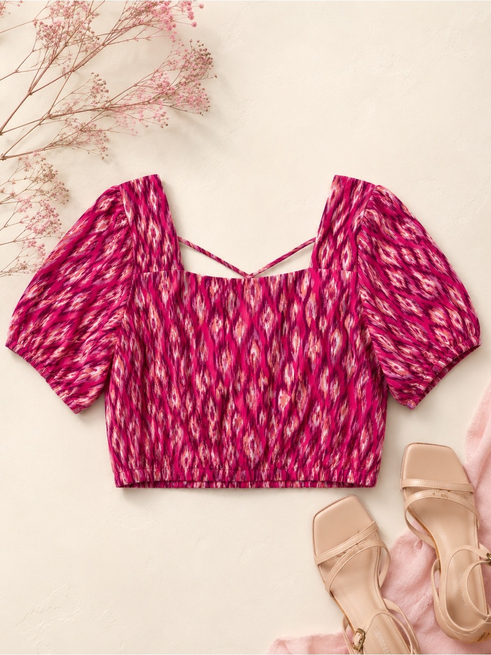 LOFT Pink Ikat Puff Sleeve Crop Top Size Medium Boho Cottagecore